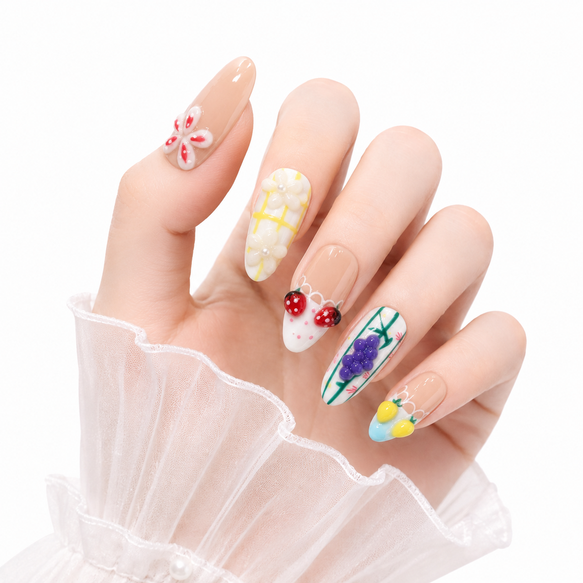 3D Embossed Candied Summer Almond Press-On Nails - New View 2