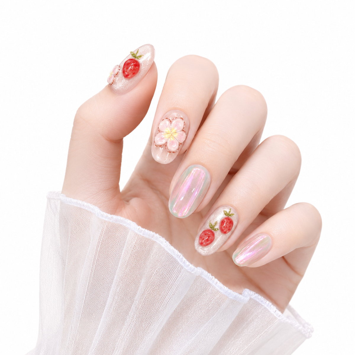 3D Embossed Strawberry Bubble Short Oval Press-On Nails - New View