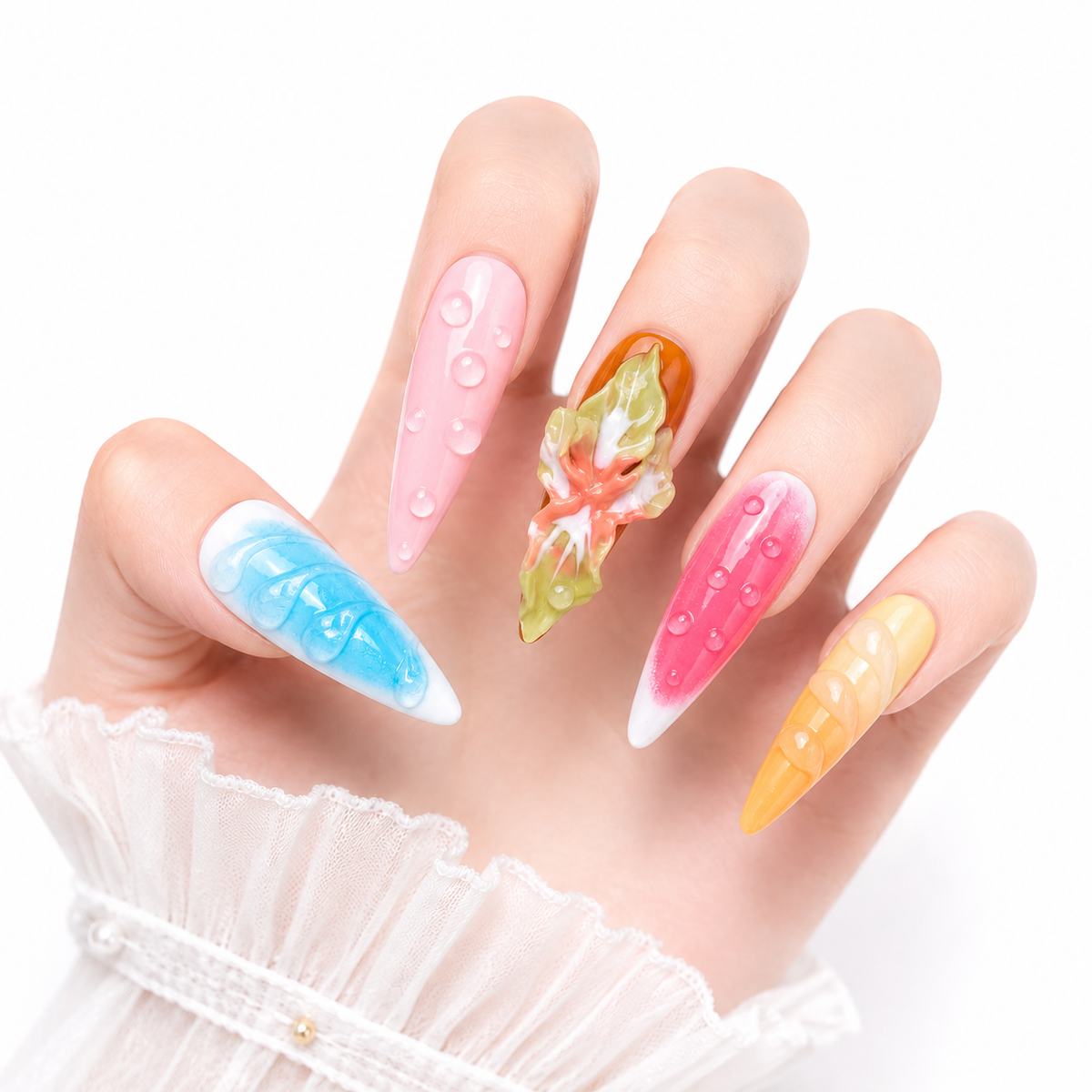 3D Embossed Rainbow Long Stiletto Press-On Nails - View 2