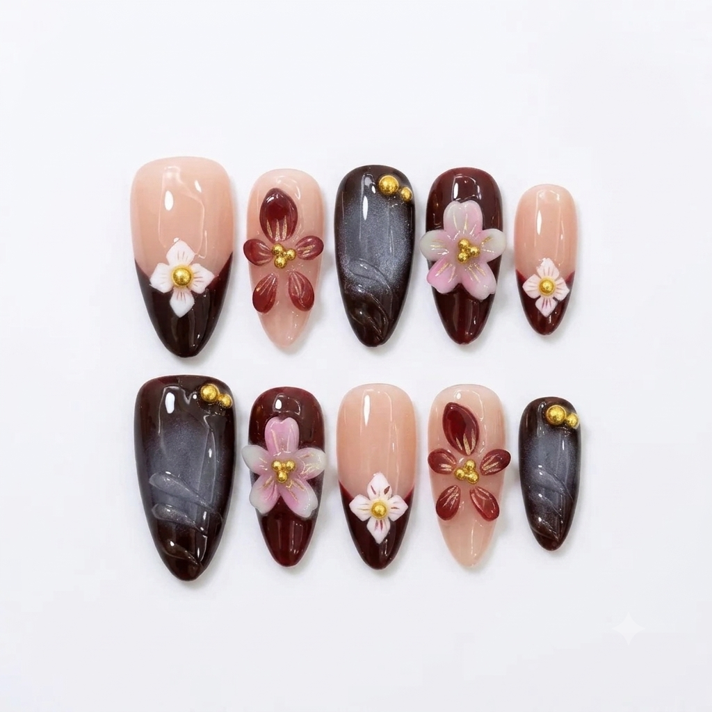 3D Embossed Floral Almond Press-On Nails - Alt View 1