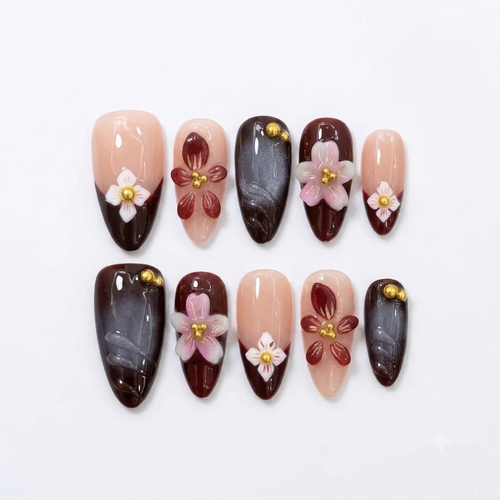 3D Embossed Floral Almond Press-On Nails - Alt View 1