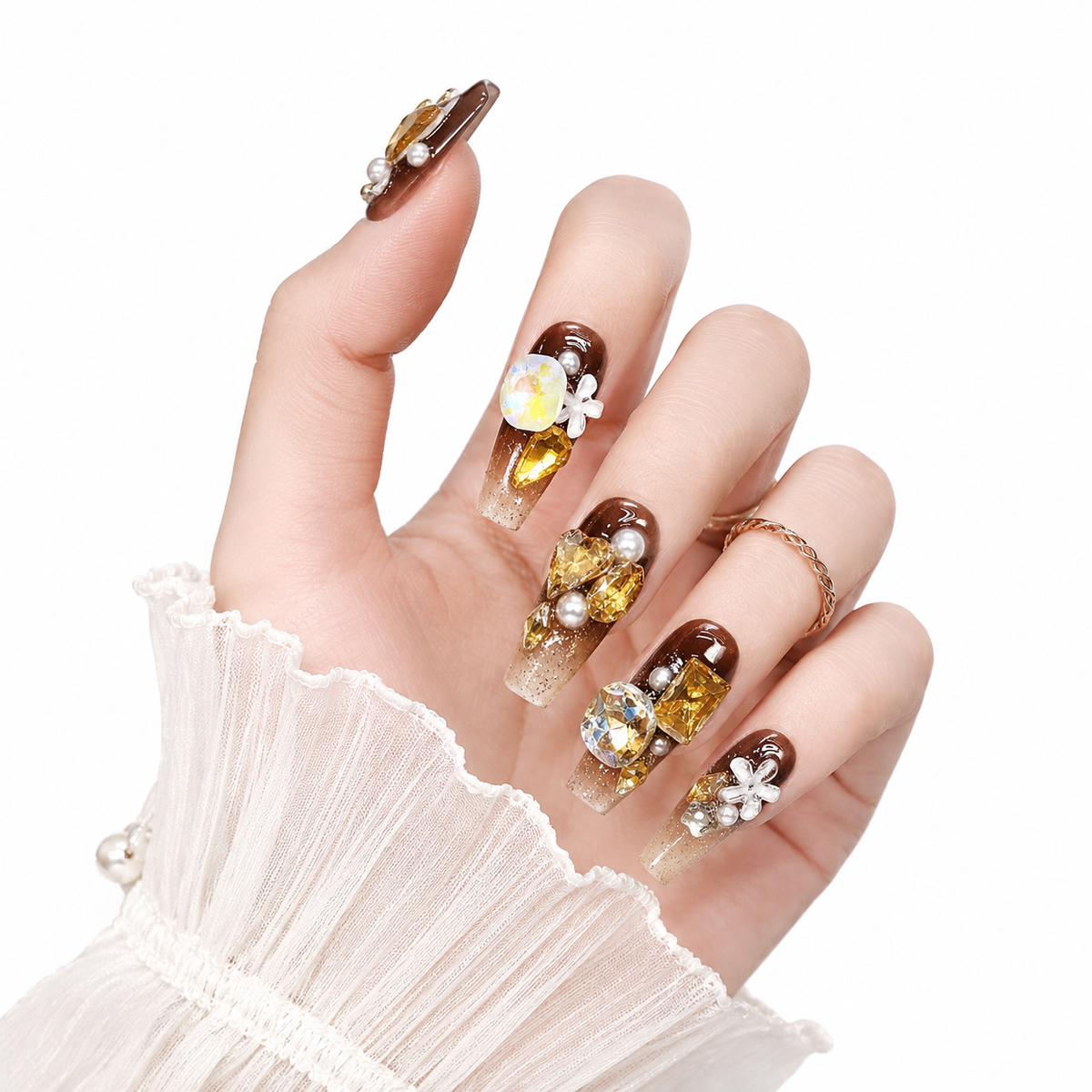 Brown Yellow Butterfly Crystal Press-On Nails - View 1