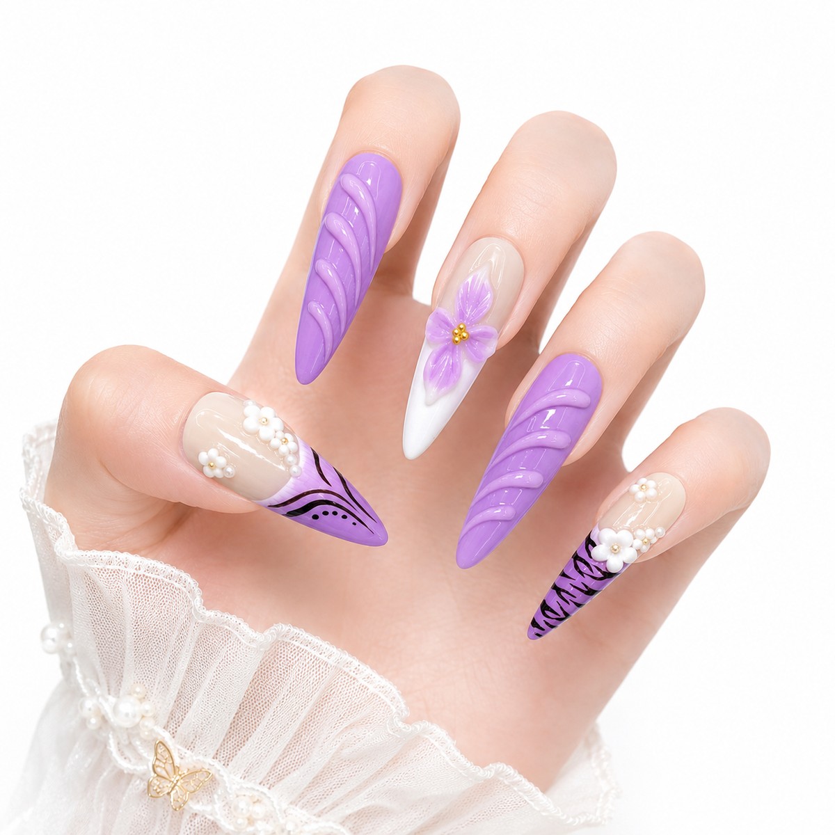 3D Embossed Dual Flora Long Stiletto Press-On Nails - View 2