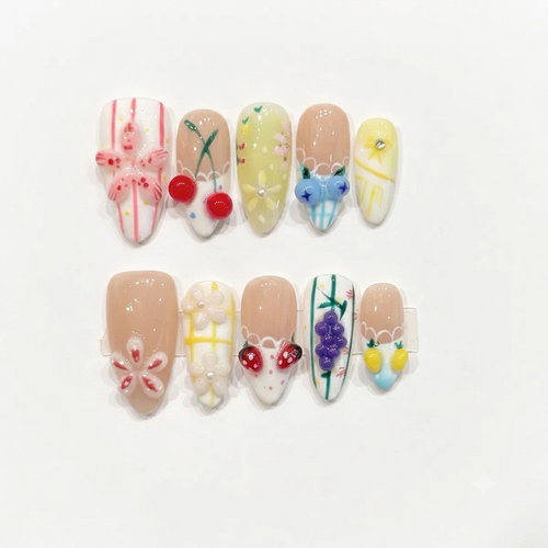 3D Embossed Candied Summer Almond Press-On Nails - View 1