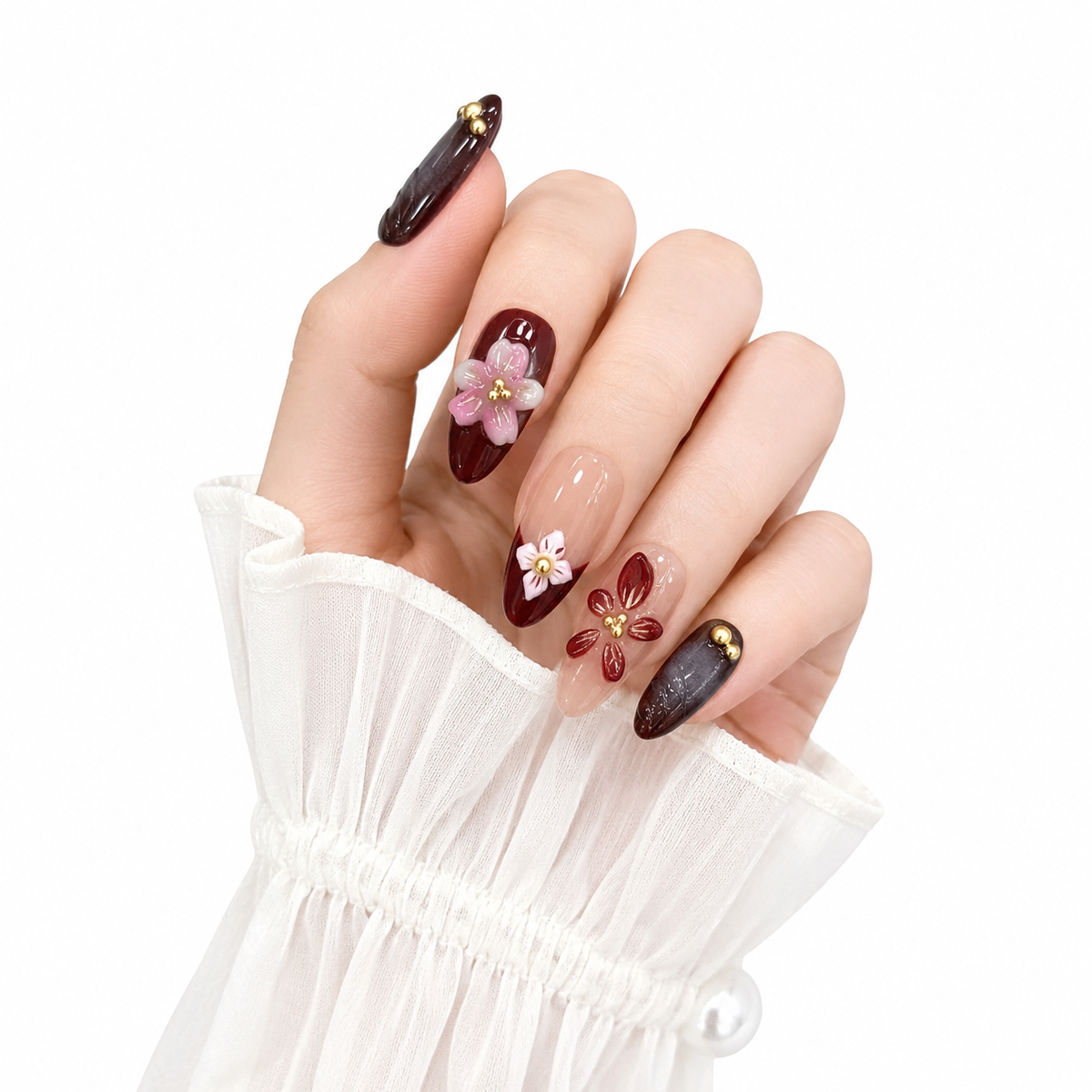 3D Embossed Floral Almond Press-On Nails - View 1