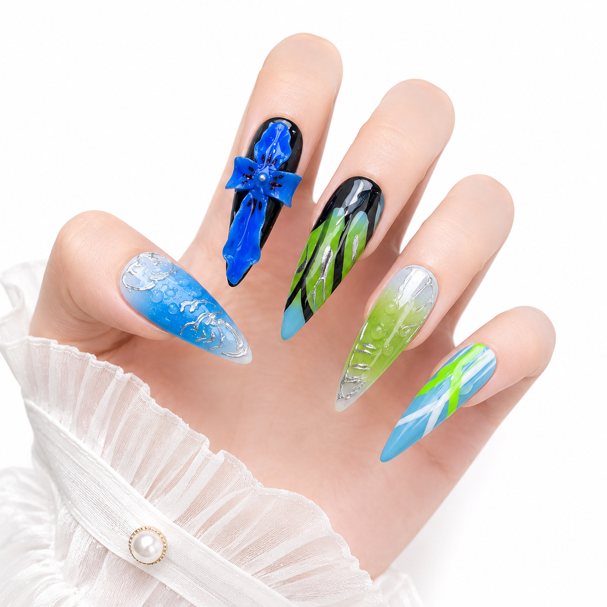 3D Embossed Cobalt Petals Long Stiletto Press-On Nails - View 1