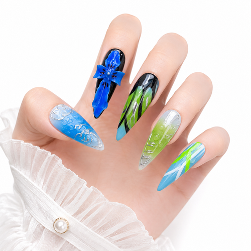3D Embossed Cobalt Petals Long Stiletto Press-On Nails - View 1