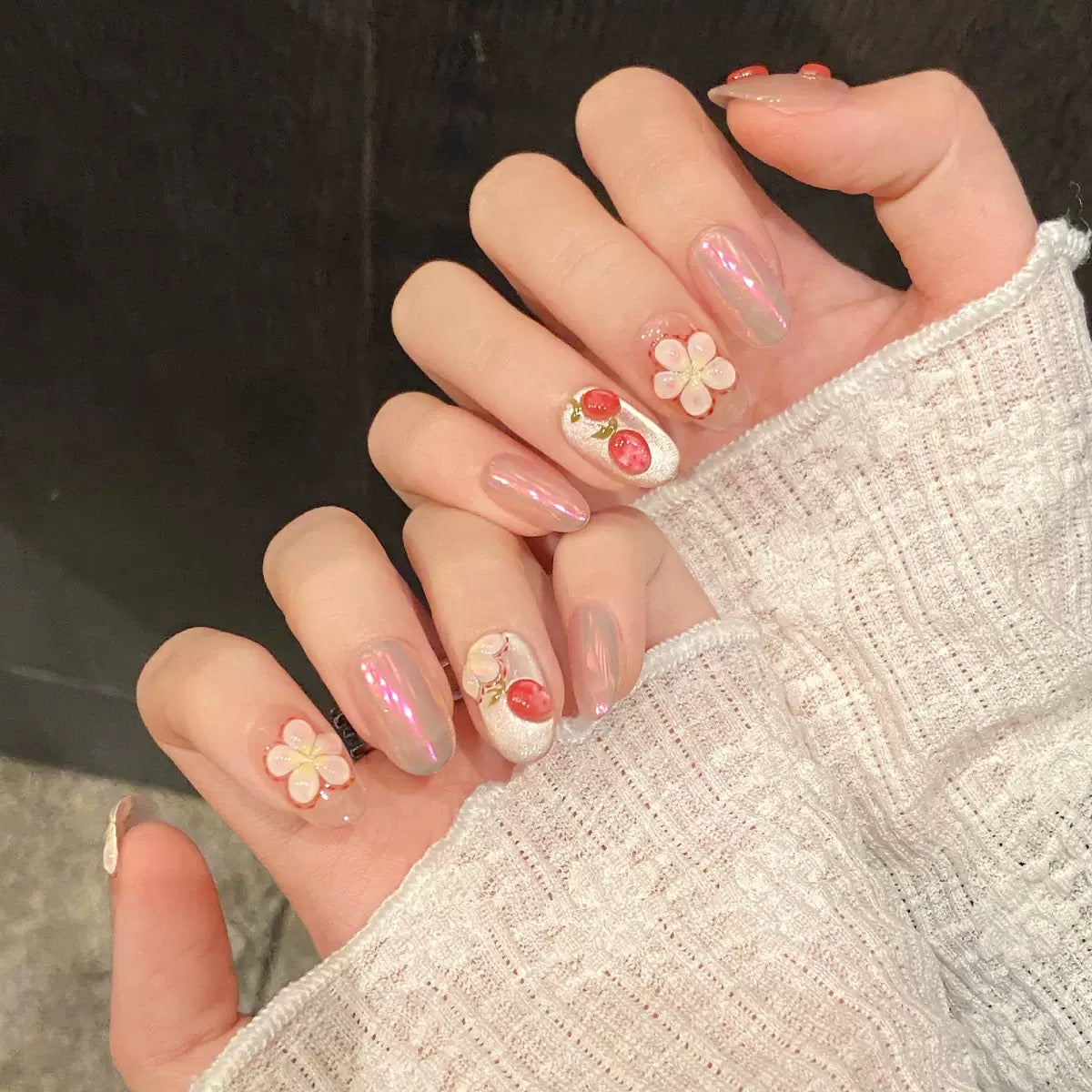 3D Embossed Strawberry Bubble Short Oval Press-On Nails - View 2