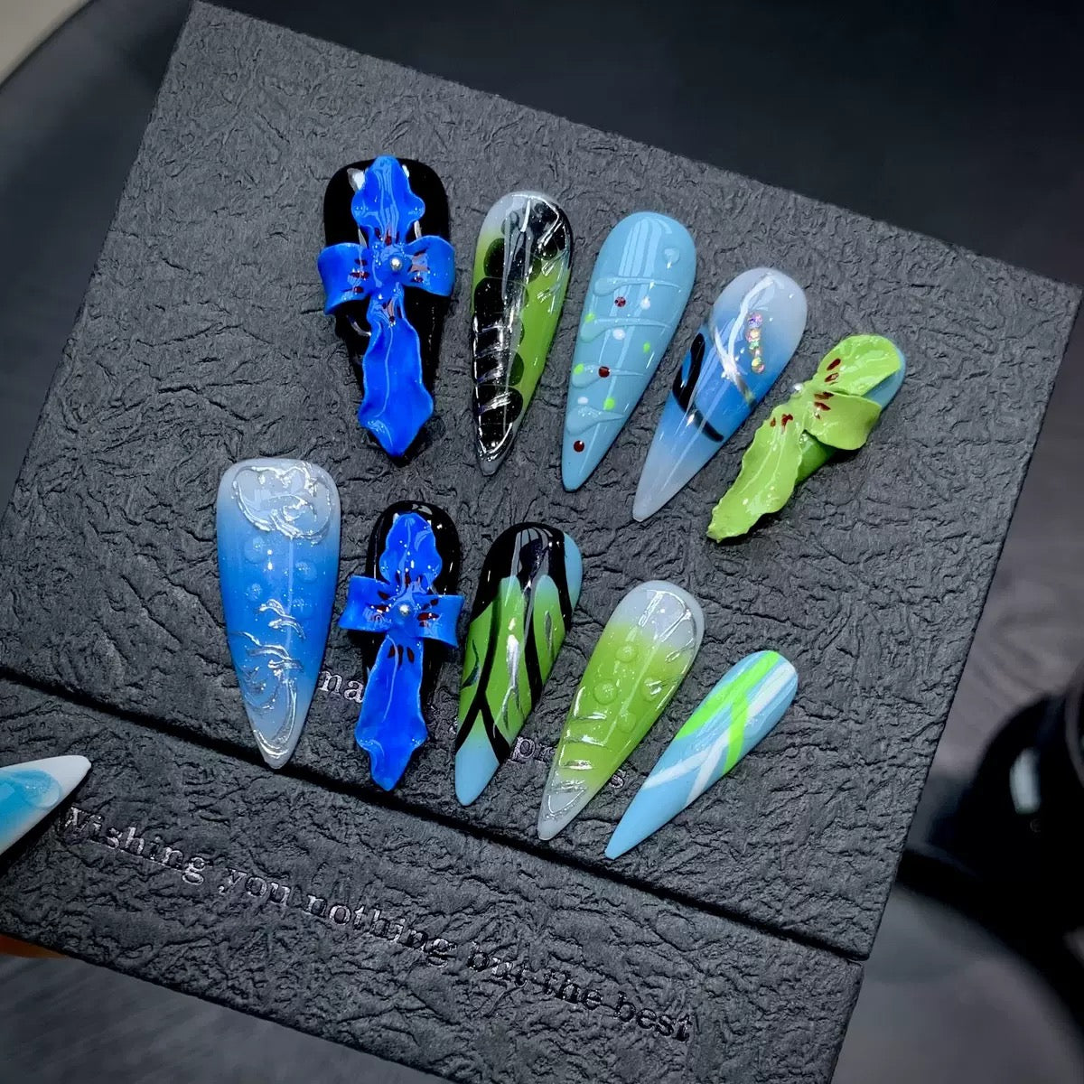 3D Embossed Design Cobalt Petals Long Stiletto Press-On Nail Set