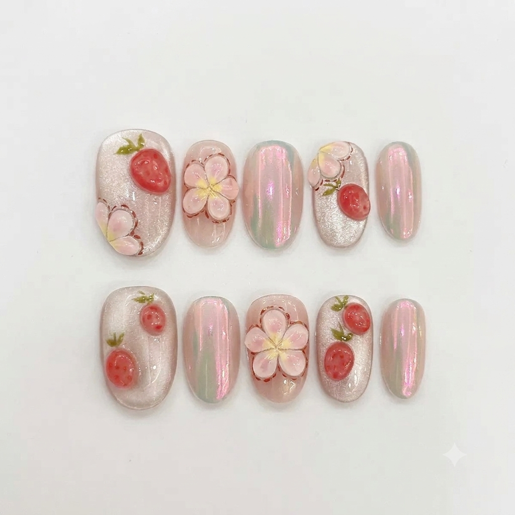 3D Embossed Strawberry Bubble Short Oval Press-On Nails - Main
