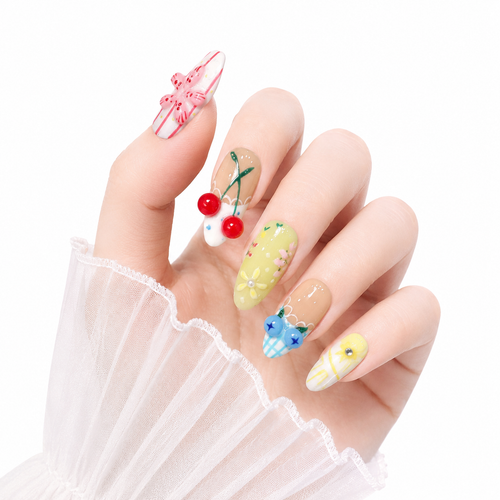 3D Embossed Candied Summer Almond Press-On Nails - New View 1