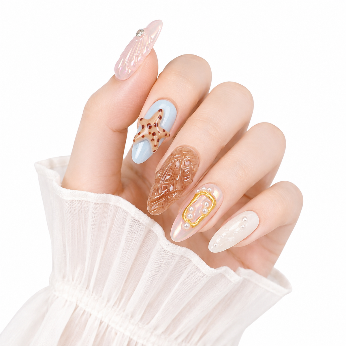3D Embossed Ocean Almond Press-On Nails - View 1