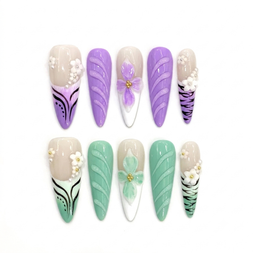 3D Embossed Design Dual Flora Long Stiletto Press-On Nail Set