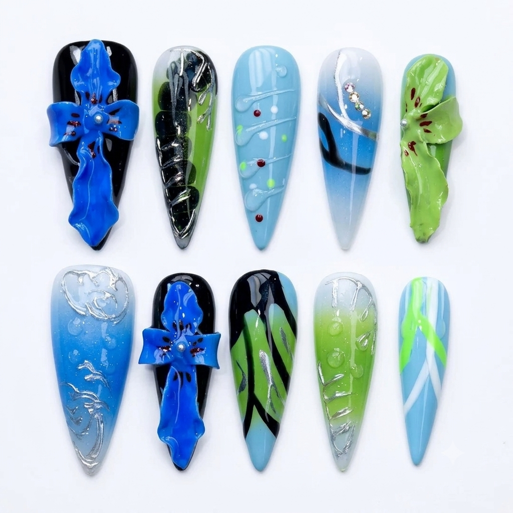 3D Embossed Design Cobalt Petals Long Stiletto Press-On Nail Set