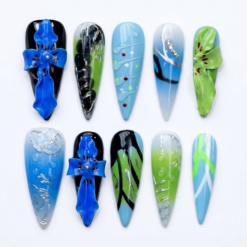 3D Embossed Design Cobalt Petals Long Stiletto Press-On Nail Set