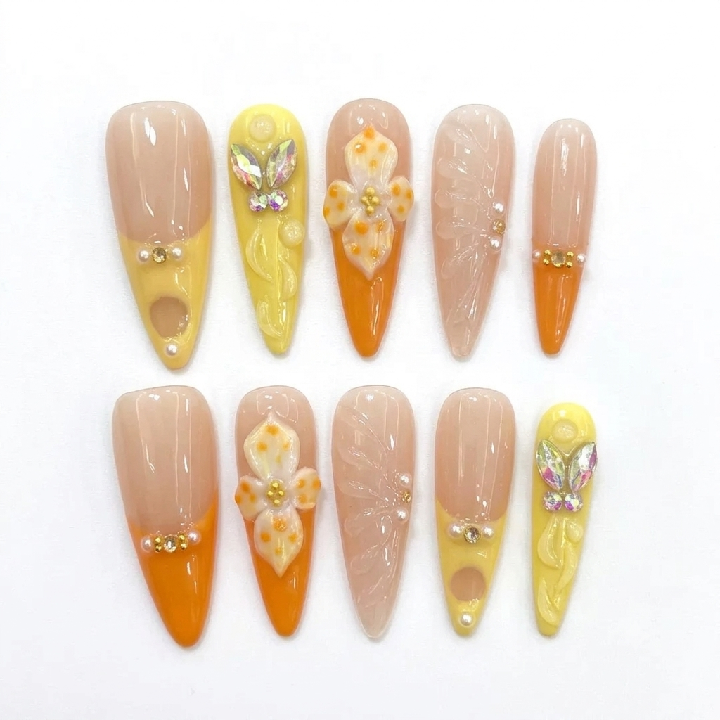 3D Embossed Design Sunlit Wings Long Stiletto Press-On Nail Set