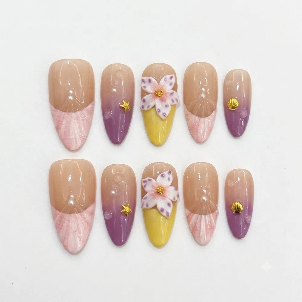 3D Embossed Design Tropical Shells Almond Press-On Nail Set