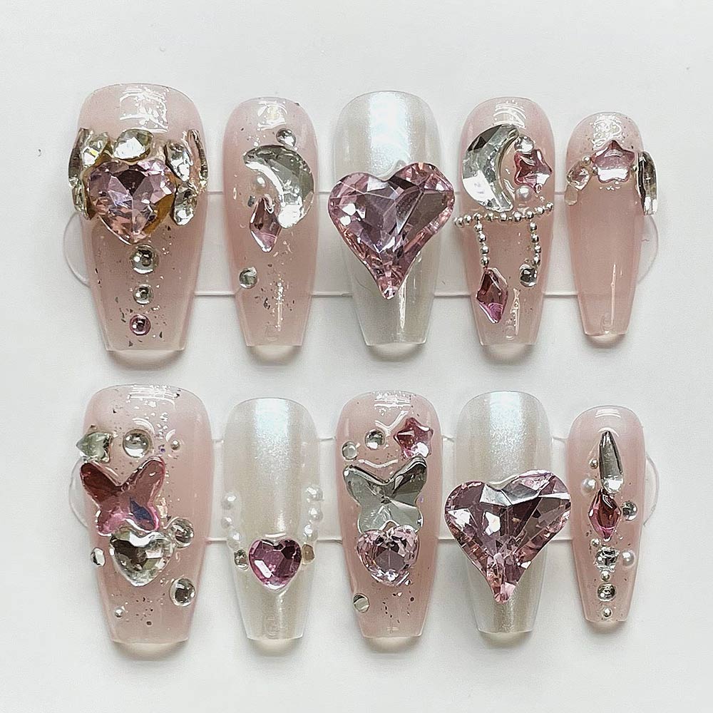 Nailsis Pink Diamond Heart Press On Nail Set